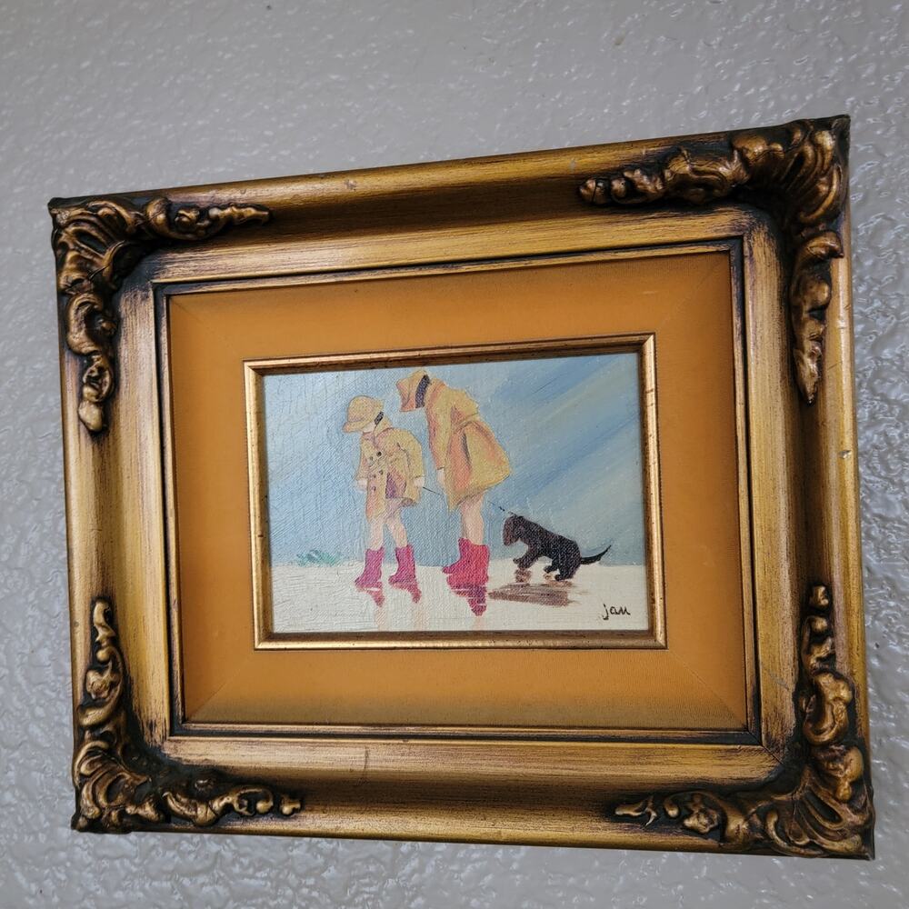Charming Vintage Oil Painting – Children & Puppy in Rain, Signed by Jam